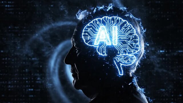 Futuristic silhouette of a human profile with a glowing digital artificial intelligence symbol inside the brain representing neural network technology and cognitive evolution concept