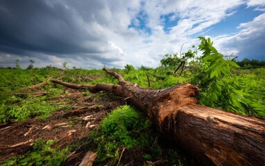 Obraz premium Extreme Storm Aftermath with Fallen Trees Under Turbulent Skies