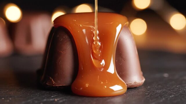 Decadent dark chocolate praline candy with luscious golden salted caramel sauce dripping slowly down the side, gourmet dessert truffle macro shot, sweet cocoa confectionery indulgence.