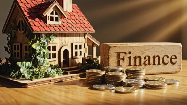 Small miniature wooden house with vibrant red roof and fresh green leaf placed on a rustic timber table next to a block inscribed with Fin for real estate and financial growth concepts.