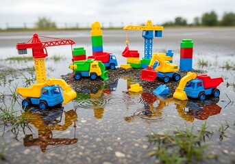 Playful construction toy trucks and cranes in a reflective water puddle