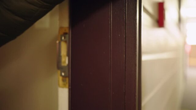 Close up of hand holding hotel key card unlocking room door. Concept of travel accommodation, check in process, hospitality service, modern hotel stay and tourism lifestyle.
