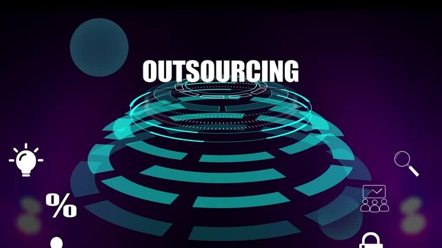 Digital visualization of business outsourcing and global resource management with glowing hud interface, strategic planning and corporate task delegation icons for success