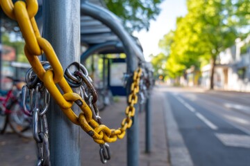 Yellow Chains on Bicycle Rack in Urban Environment with Occupied Spaces