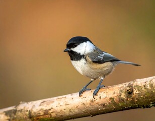 Naklejka premium Perched songbird with black cap, white cheeks, and grey wings