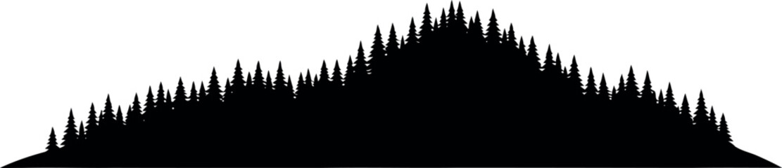 Obraz premium Black Silhouette of Pine Tree Forest Mountain Range Isolated on White Background for Nature Design
