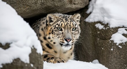 Fototapeta premium Snow leopard resting in winter habitat among snow-covered rocks, displaying spotted fur and intense gaze