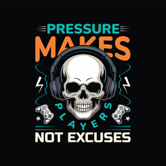 Fototapeta premium Gaming T-Shirt Design – Retro Gamer Quotes, Skull Headset, Controller Typography Vector Collection