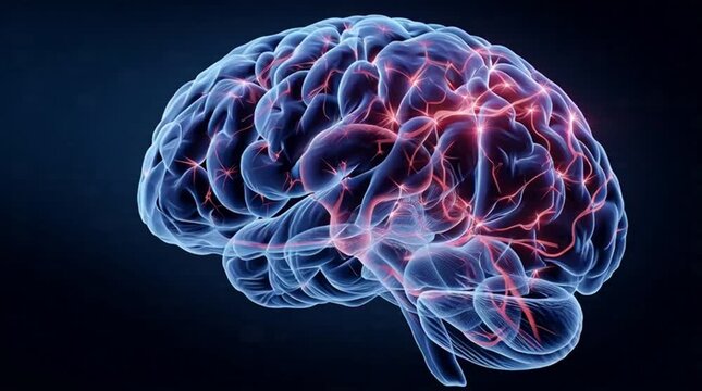 A digital illustration of a human brain with glowing red neural connections visible through a translucent blue outline viewed from the side.