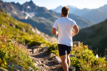 Naklejka premium Man Running on Rugged Mountain Trail Surrounded by Beautiful Scenery