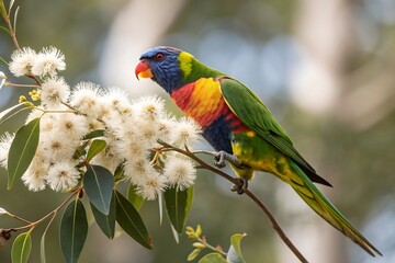 Naklejka premium Vibrant Rainbow Lorikeet perched on a flowering eucalyptus branch, showcasing Australian wildlife and nature.