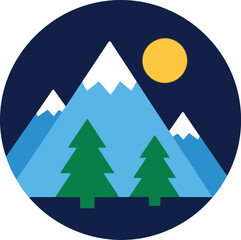 Obraz premium Flat Design Mountain Landscape Icon with Pine Trees and Sun for Outdoor Adventure Concepts
