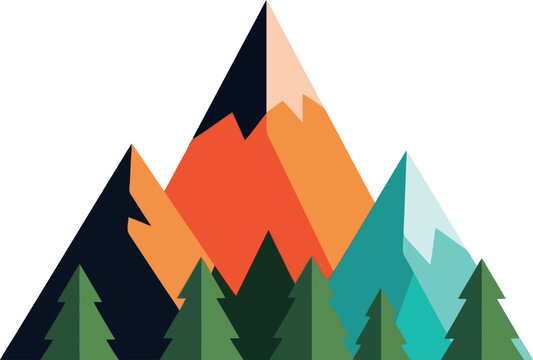 Colorful geometric mountain landscape illustration with pine trees and abstract nature design