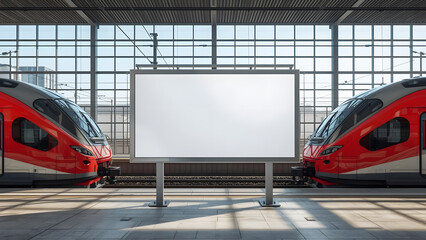 a blank rectangular billboard at a train station