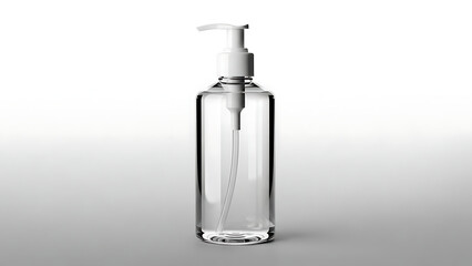 Naklejka premium Clear transparent plastic pump bottle with white dispenser for soap or sanitizer isolated on gray