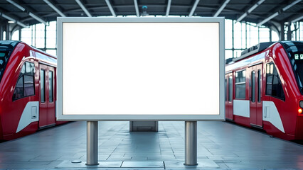 a blank rectangular billboard at a train station