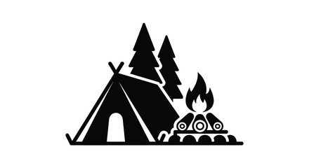 Camping scene with a tent campfire and logs a dark silhouette © PAKE