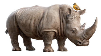 Obraz premium Rhino with Bird: A majestic rhinoceros stands proudly with a small bird perched atop its head, showcasing an unlikely interspecies friendship in the vast expanse of the wild.