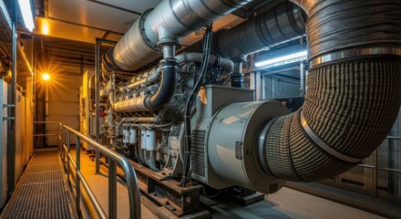Industrial generator room with large tubing and machinery, metal walkway, and overhead lighting in factory setting