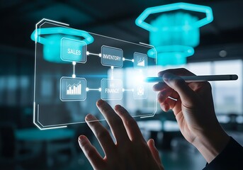 Businessman Using Stylus to Manage Integrated Business Systems