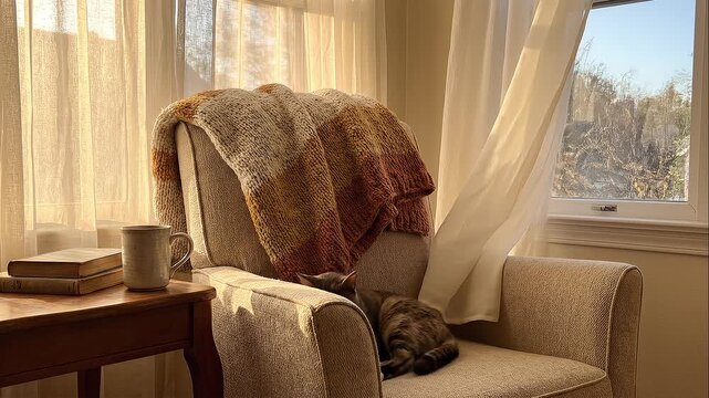 Cozy reading corner with armchair blanket and warm sunlight creating peaceful home interior lifestyle relaxation scene