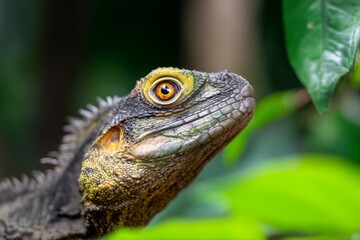 Obraz premium Closeup of Exotic Lizard with Lush Green Nature Background in Protected Habitat