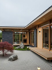 Zen garden nestled against a modern home featuring sleek architecture