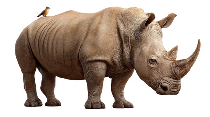 Obraz premium Rhino with a Friend: A powerful rhinoceros with a majestic horn, shares a tranquil moment with a small bird perched upon its back. Symbolizing the unexpected friendships in nature.