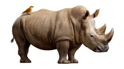 Obraz premium Rhino and Bird: A serene scene unfolds as a majestic rhino and a small bird share a moment of tranquility, representing coexistence in the wild.