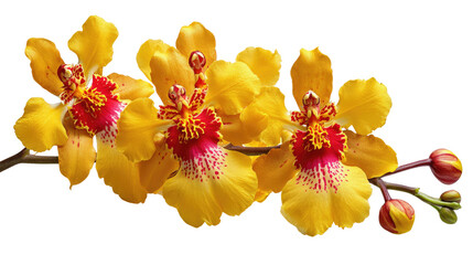 Naklejka premium Golden Orchid Blossom: A close-up showcases a radiant display of golden orchid blossoms with vibrant red and yellow detail, capturing the essence of exotic beauty and delicate floral elegance.
