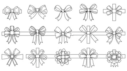 Large collection of diverse hand drawn ribbon bow designs in black and white line art for elegant gift decoration.