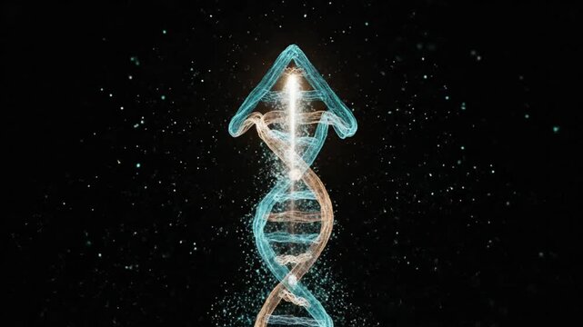 Bioluminescent DNA Helix Strands Twisting into Upward Arrow with Teal Amber Energy Pulse on Deep Black Scientific Growth Concept
