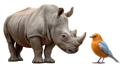 Obraz premium Rhino and Little Bird's Encounter: A fascinating scene of coexistence unfolds, with a massive rhino and a tiny, colorful bird sharing a moment, highlighting nature's diverse relationships.