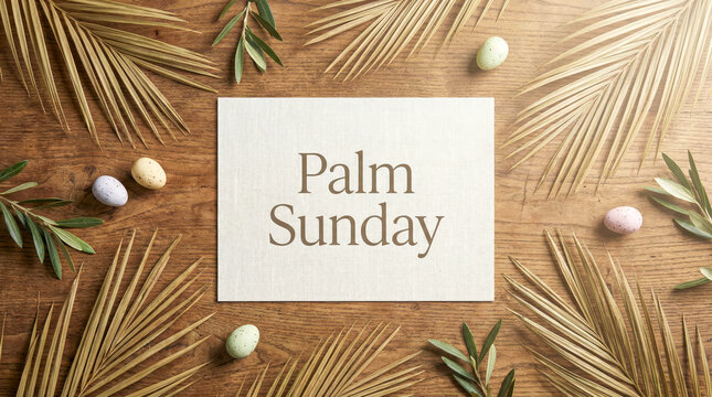 Celebration of Palm Sunday with decorations and symbols of the holiday on a wooden table