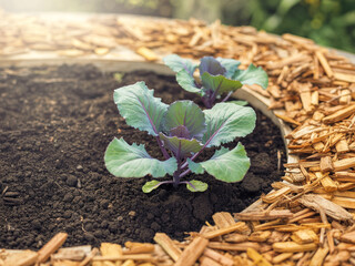 Two young purple cabbage seedlings sprout from dark soil in a raised garden bed, surrounded by light brown wood chip mulch under warm sunlight.