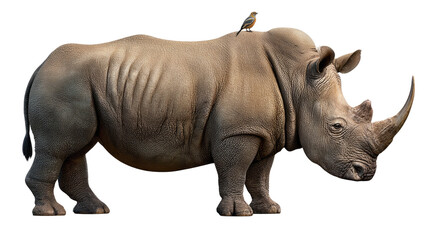 Obraz premium Giant Horned Titan: A majestic rhinoceros, a symbol of power, stands proudly with a small bird perched upon its back. The imposing figure, exudes strength and tranquility in the wild.