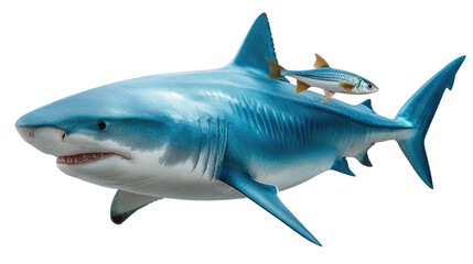 Fototapeta premium Oceanic Alliance: A shark and a small fish engage in an unlikely collaboration, symbolizing symbiosis within the vast ocean.