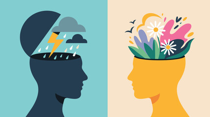 Mental Health Contrast Concept Stormy and Positive Mind Inside Human Head Silhouettes Flat Vector © Lunavera art