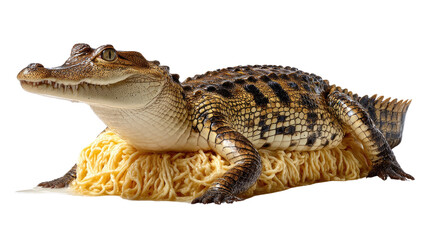 Naklejka premium Playful Gator & Pasta: An eye-catching studio shot of a small alligator humorously situated on a bed of pasta, creating an unexpected and delightful scene. 