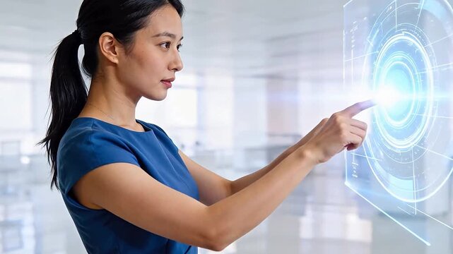 Woman interacting with futuristic interface