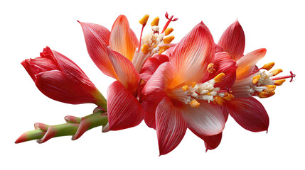 Fototapeta premium Fiery Blooms: Captivating close-up of vibrant red and orange flowers, displaying intricate petals and delicate stamens. A visual ode to nature's artistry.