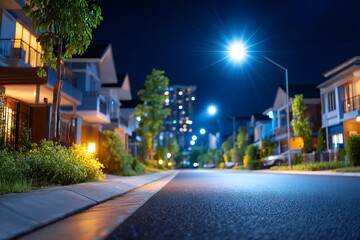 Fototapeta premium Nighttime Shot of a Suburban Street Illuminated by Streetlights