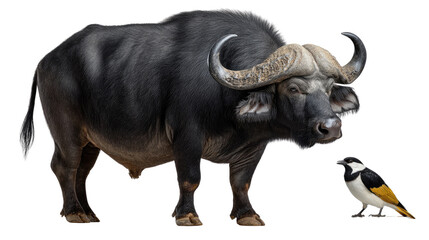 Obraz premium African Buffalo and Starling: A powerful African buffalo, with its massive horns and muscular frame, stands alongside a small starling bird in a vivid display of scale and coexistence in the wild.