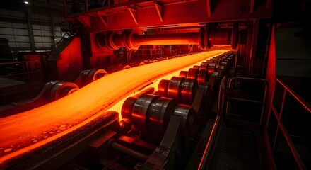 Hot steel sheet rolling process in heavy industrial factory with glowing metal under high temperature machinery