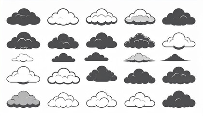 Obraz premium Diverse collection of cloud shapes in black and white on a white background image