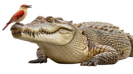 Fototapeta premium Cooperative Alliance: A small bird perches confidently atop a large crocodile, highlighting an unlikely alliance in the wilderness.