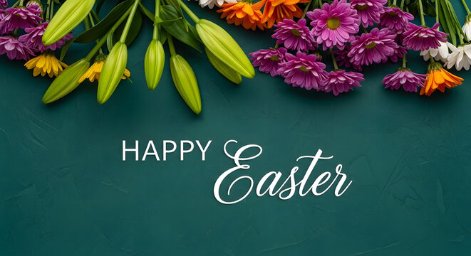 Happy Easter colorful flowers border greeting on dark green background