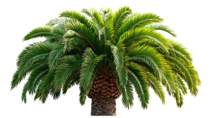Fototapeta premium Tropical Palm's Tranquility: A vibrant palm tree stands tall, its lush, green fronds reaching towards the sun, offering a serene glimpse of tropical elegance and natural beauty.