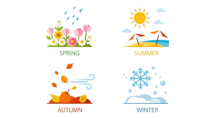 This flat design vector icon set visually represents the four seasons: spring, summer, autumn, and winter, through minimalist 2D illustrations of flowers, sun, leaves, and snowflakes. 
