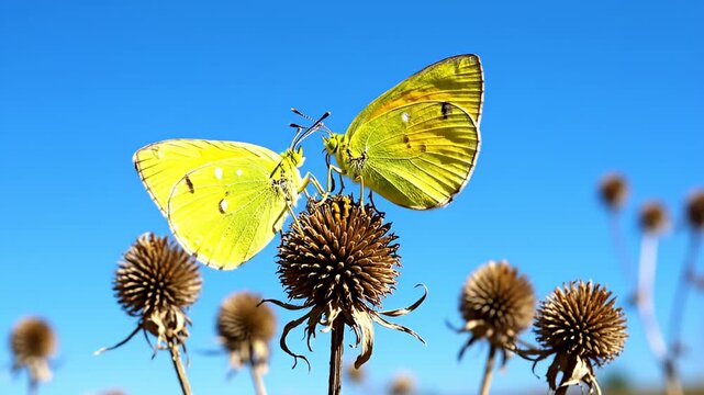 Two yellow butterflies on dried coneflower against clear blue sky